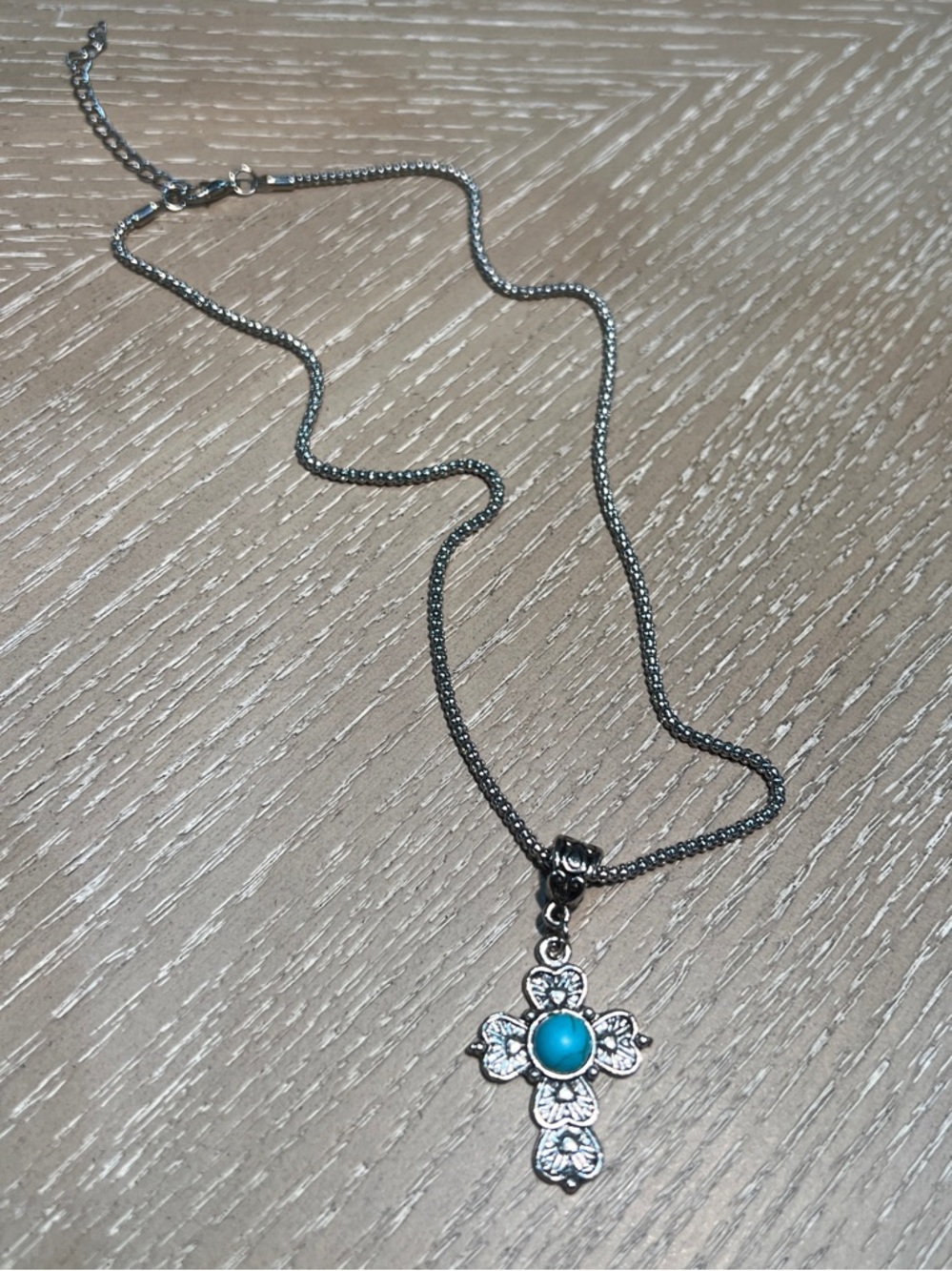 Silver Cross Pendant Necklace with Turquoise Stone - 18”with 3” extender